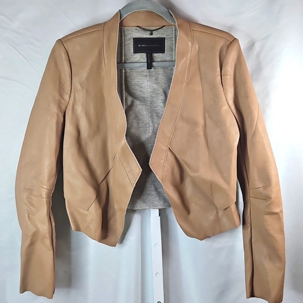 BCBG Maxazria Faux Vegan Leather Lloyd In Camel Cropped Jacket XS